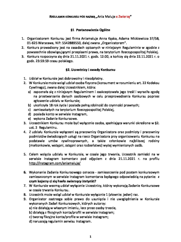 Regulamin konkursu Zwierzę